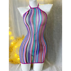 Women Rainbow Striped Cover Up Fishnet Bodycon Dress Halter Elastic Hollow Out Swimsuit Festival Beach Vacation - Matrix Studios