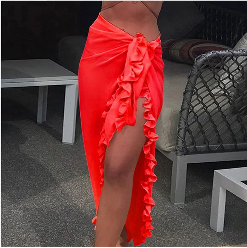 5 Colors Ruffle Sarong for Women 2024 Summer Solid Bikini Long Skirt Beach Dress Swimming Sun Protection Swim Cover Ups Monokini - Matrix Studios