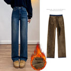 Winter Thickened Women's Mink Velvet Jeans Loose Straight Warm Soft Fleece Fashion Elastic High Waist Female Pants Black Blue - Matrix-studios.com