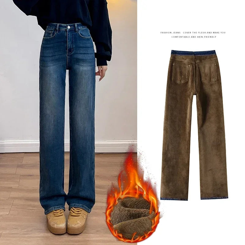 Winter Thickened Women's Mink Velvet Jeans Loose Straight Warm Soft Fleece Fashion Elastic High Waist Female Pants Black Blue - Matrix-studios.com