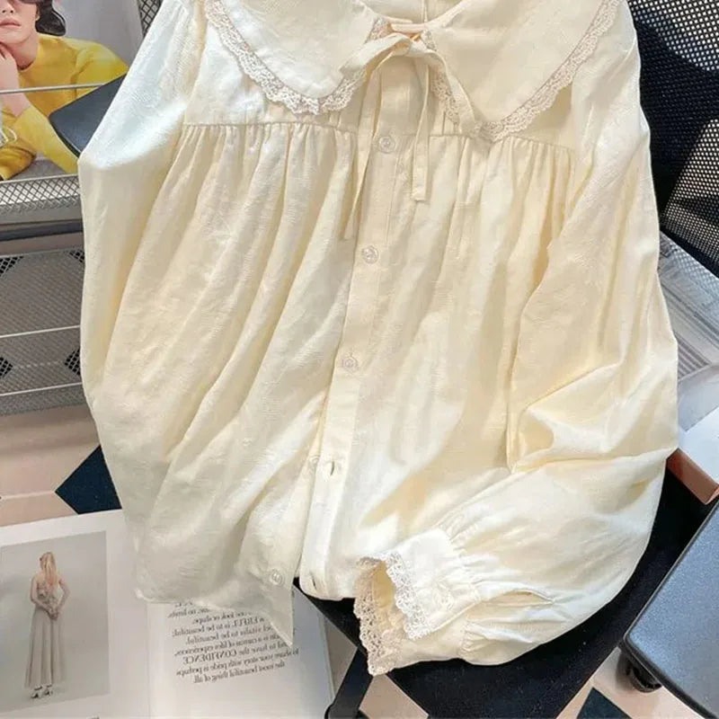 Japanese Style Cute Peter Pan Collar Shirt Women Sweet Lace Spliced Long Sleeved Blouses Woman All-Match Loose Buttons Shirts - Matrix-studios.com