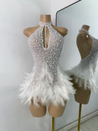 High Quality Women Sexy Halter Beading Feather Tight Bodysuit Nightclub Performance Leotard Luxury Party Celebrate Stage Wear - Matrix Studios