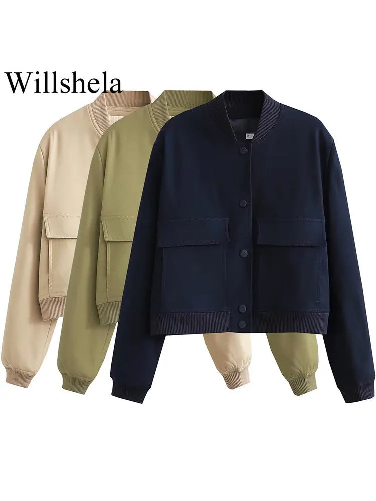 Willshela Women Fashion Solid Bomber Jackets Coat With Pockets V-Neck Single Breasted Long Sleeves Female Chic Lady Outfits - Matrix-studios.com