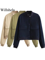 Willshela Women Fashion Solid Bomber Jackets Coat With Pockets V-Neck Single Breasted Long Sleeves Female Chic Lady Outfits - Matrix-studios.com