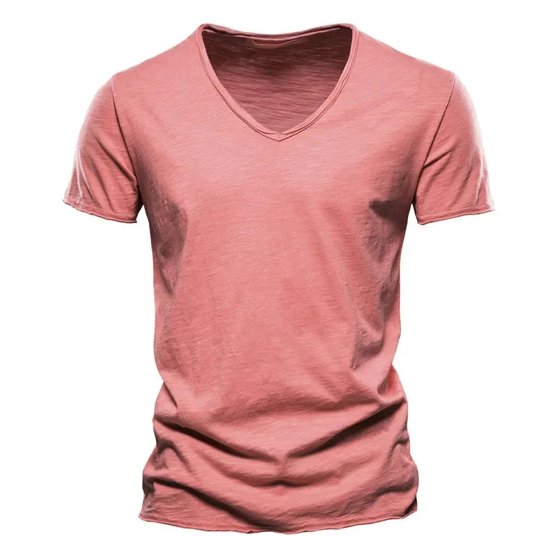 Brand Quality 100% Cotton Men T-shirt V-neck Fashion Design Slim Fit Soild Male Tops Tees Short Sleeve - Matrix Studios