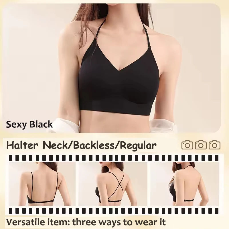 FINETOO Women's 3 Ways to Wear Halter Neck Backless Bralette Seamless Thin-Strapped Gather Bra Female Sexy Solid Color Underwear - Matrix Studios