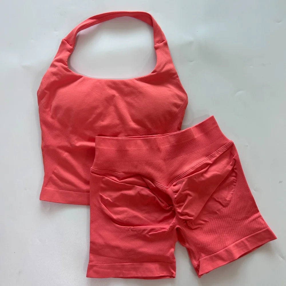 1-2pcs Gym Set Women Backless Tank Tops High Waist Scrunch Seamless Shorts High Waist Yoga Leggings Workout Sets Gym Suit - Matrix-studios.com