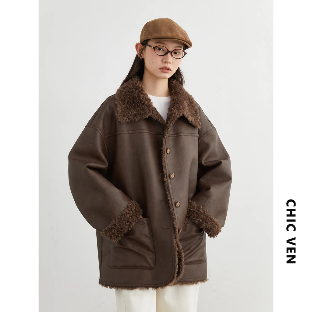 CHIC VEN Women Faux Leather Jacket Coat Loose Casual Reversible Mid Length PU Overcoat Retro Ladies Outerwear Autumn Winter 2025 - Matrix Studios
