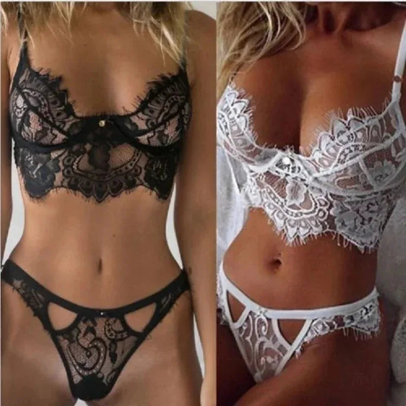Sexy Ultra Thin Lace Sexy Lingerie Set Hot Underwear Women Set Bra and Panty Thong Set Transparent Lace Black Open Intimates - Matrix Studios