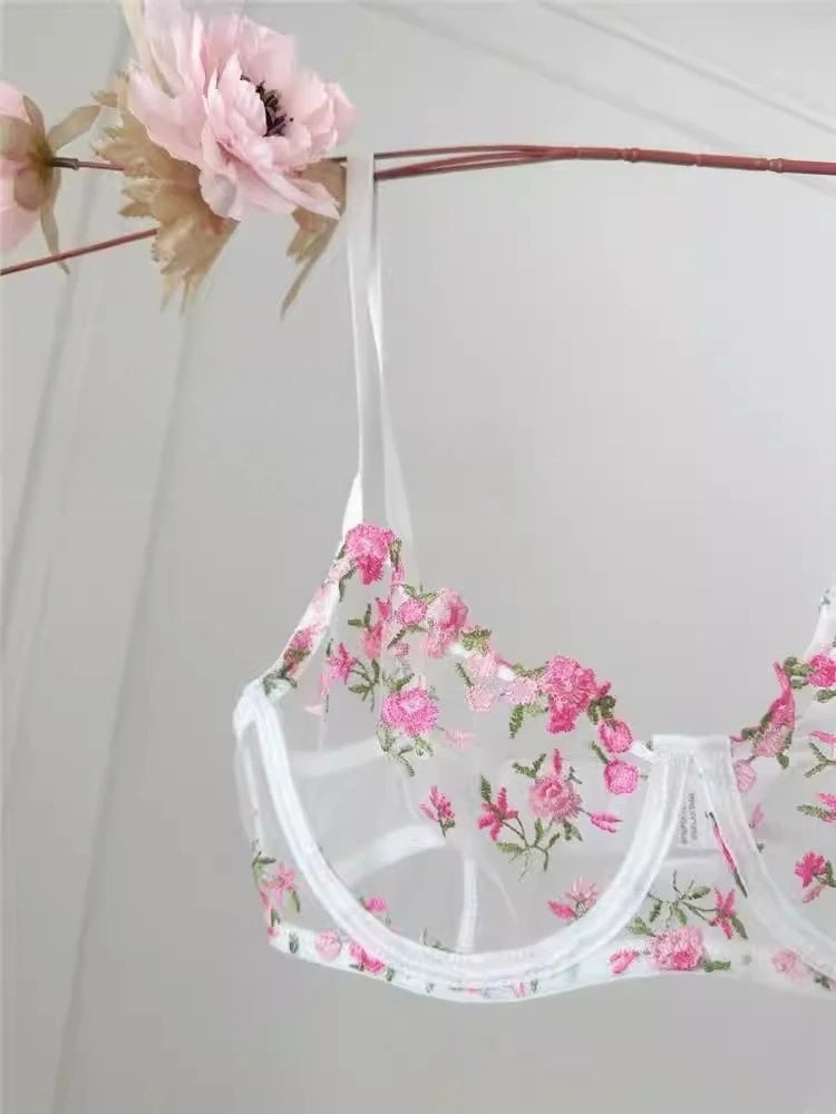 YUQI French Elegant Lingerie Set-Floral Embroidery Semi-Transparent Bra & Brief,Black Sensual Women's Underwear Luxury Intimates - Matrix-studios.com