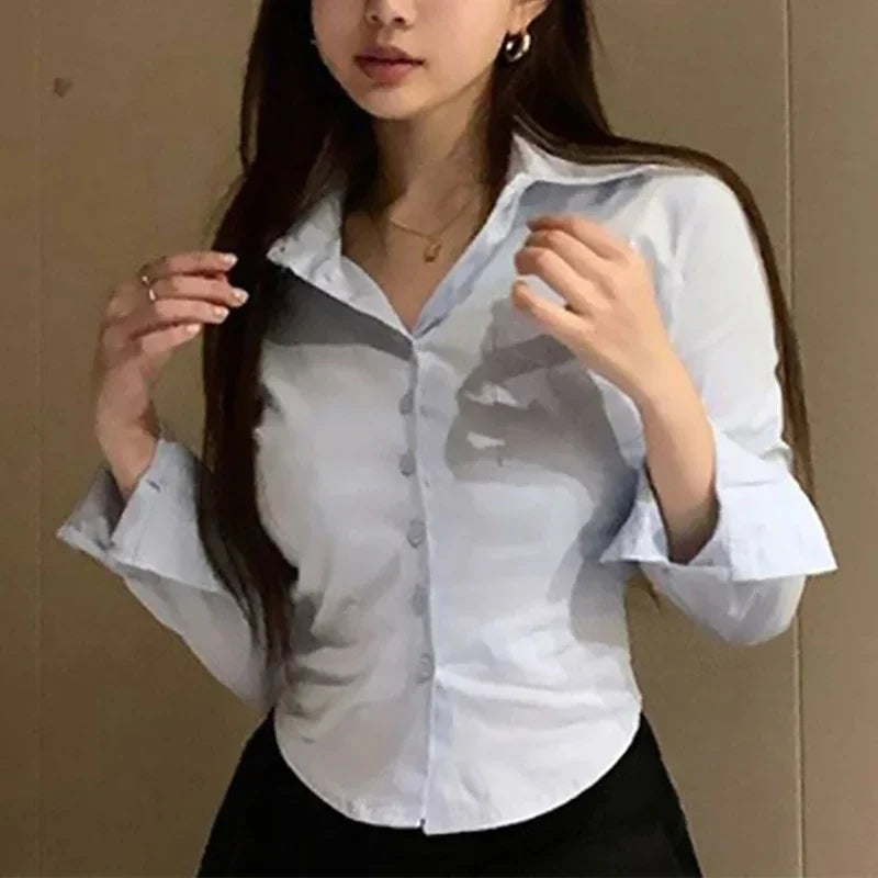 2025 New Female Korean White Office Women Chiffon Shirt Pocket Button Lapel Ladies Blouse Spring Commuter Long Sleeve Crop Tops - Matrix-studios.com