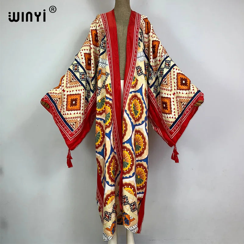 2023 WINYI New Cotton Feeling Bikini Cover-ups Bohemian Print Front Open Long Kimono Kaftan Beach Cover Ups for Swimwear Dresses - Matrix Studios