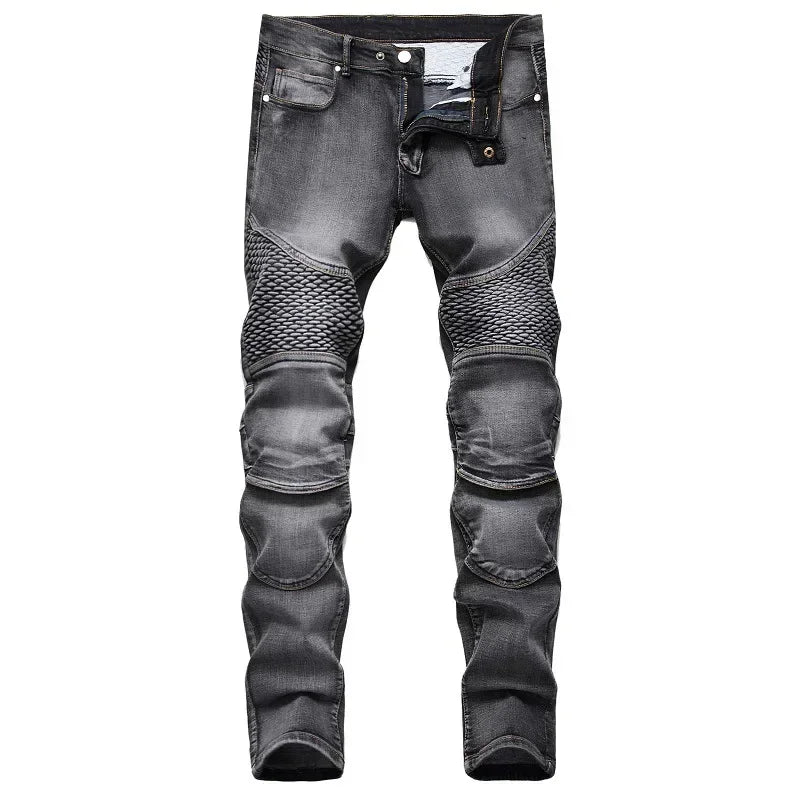 Men's New Casual Motorcycle Jeans Hip Hop Street Riding Stretch Slim Fit Straight Pants Patchwork Fashion Denim Trousers Male - Matrix Studios