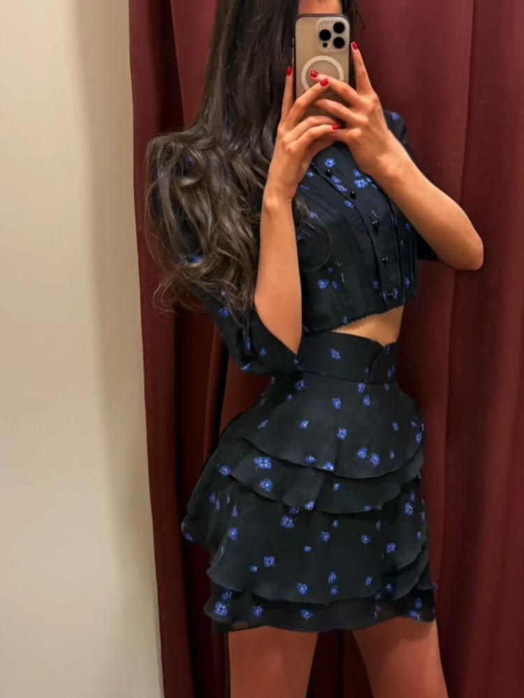 Women's Floral Print Two Piece Set 2026 New Women Puff Sleeve Crop Top + Tiered Ruffle Mini Skirt Casual Vacation Party Outfit - Matrix-studios.com