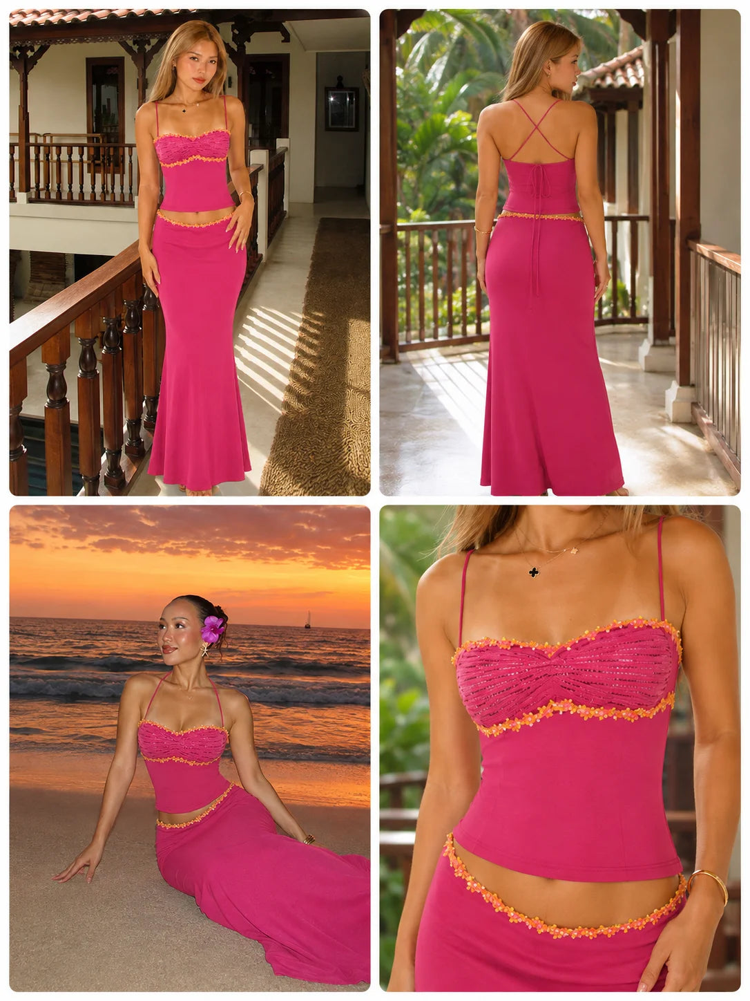 Women 2 Piece Outfit Spaghetti Strap Ruched Cami Top Floral Trim High Waist Mermaid Maxi Skirt Set Summer Beach Vacation Matching Outfits - Matrix-studios.com