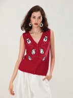 Women Christmas Sweater Vests Santa Claus Print Sleeveless Knit Cardigan Vest Christmas Holiday Tank Top Y2K Clothes - Matrix Studios