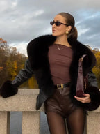 Black Fur Collar Leather Jacket Women Chic Solid Full Sleeves Waist Cinching V-neck Short Coat 2026 Lady High Street Outerwear - Matrix Studios