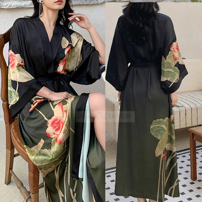 Print Flower Long Kimono Bathrobe Gown Sexy Women Half Sleeve Wedding Robe Nightgown Spring Summer Rayon Home Dress Sleepwear - Matrix-studios.com