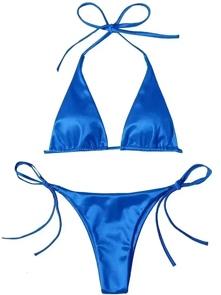 Halter Brazilian Metallic Satin Bikini Women Swimwear Female Swimsuit Two-pieces Bikini Set High Cut Bathing Suit Swim Beachwear - Matrix-studios.com