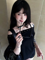 Seeslim Black Off Shoulder Cross Women's T-shirt Short Sleeve 2000s Clothes Y2k Summer Tops Tees Female Clothing Chic Vintage - Matrix-studios.com