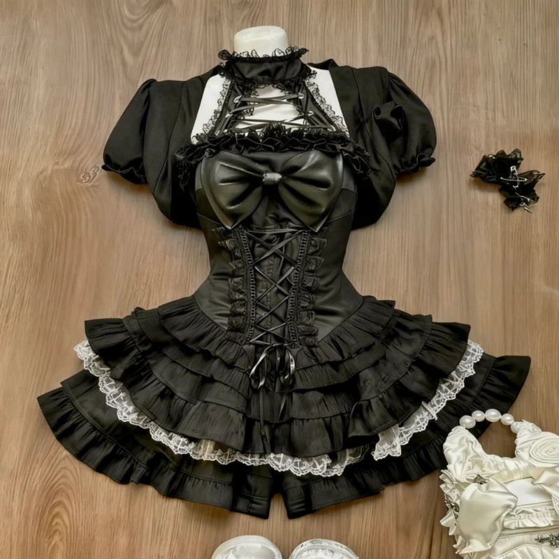 Sweet Lolita Vintage Suits Women Ruffles Cardigan + Sexy Y2k Corset Vest + Mini Skirts Autumn Korean Elegant 3 Piece Dress Sets - Matrix-studios.com