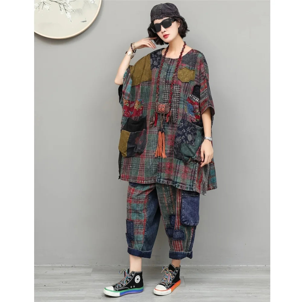 Unique Vintage Women Outfit Early Autumn Plaid Patchwork Loose Sleeveless Mid-length Robe + Cropped Pants Two-piece Set ZF2438 - Matrix-studios.com