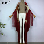WINYI Kimono Cover-ups Summer Boho Print Bikini Cover-up Elegant Fashion Cardigan Sexy Holiday Long Sleeve Tassels Maxi Dress - Matrix Studios