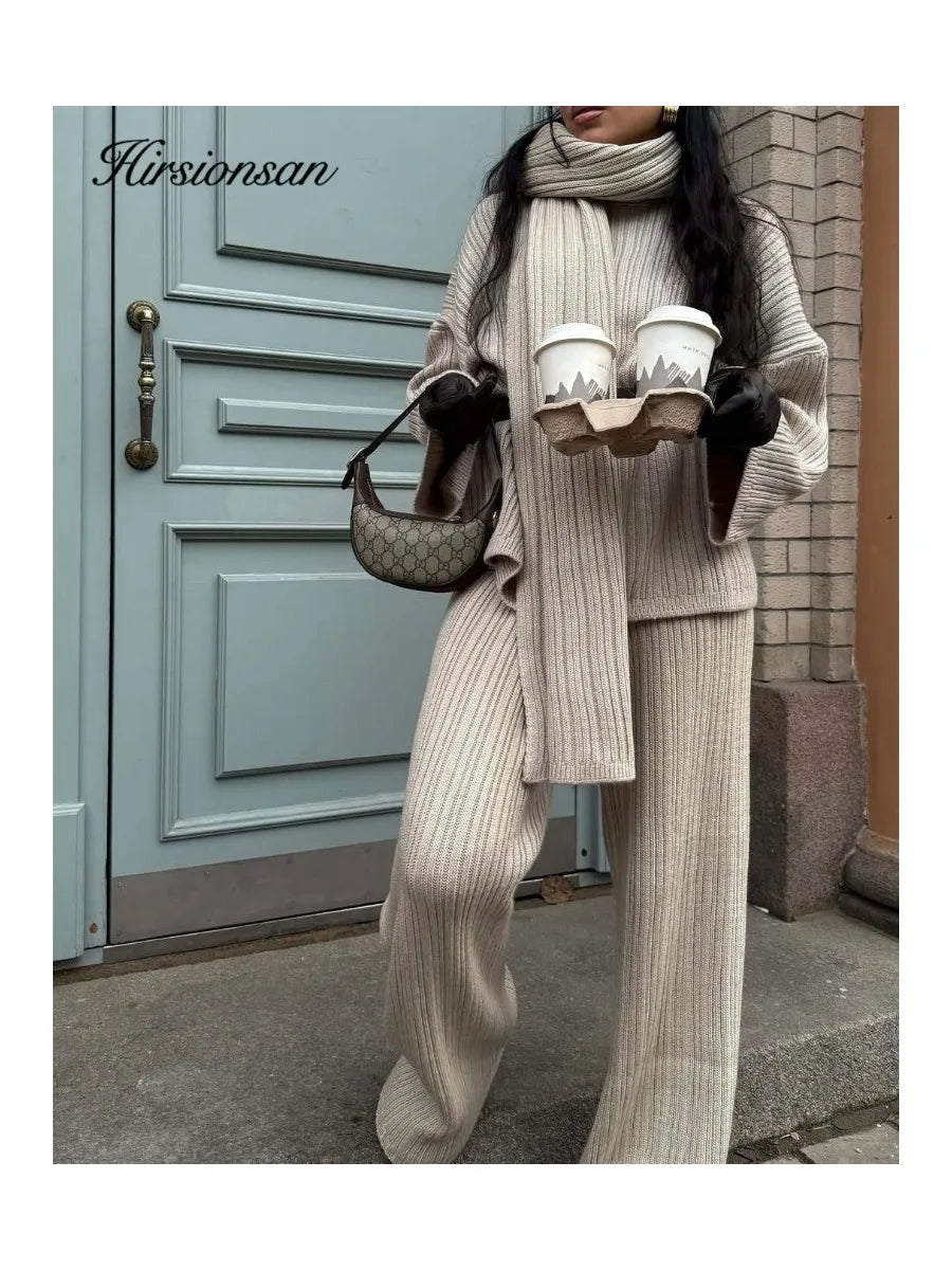 Hirsionsan Soft Elegant Vintage Women Suits 3 Pieces Female Sets O Neck Sweater & Wild Leg Pants with Scarf Knitted TrackSuit - Matrix-studios.com