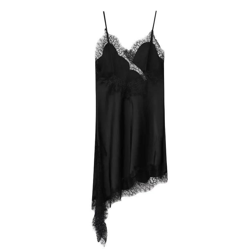 MUJER 2025 Lace Slip Dress Woman Black Backless Short Dresses for Women Asymmetric Party Women's Summer Dress Satin Sexy Dresses - Matrix-studios.com