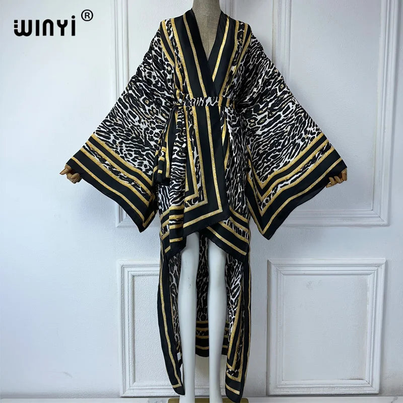 WINYI Summer Beach Wear Cover Up Lady Boho Cardigan Printing Elegant Silky and Skin-Friendly Sexy Holiday Kimono Maxi Dress - Matrix Studios