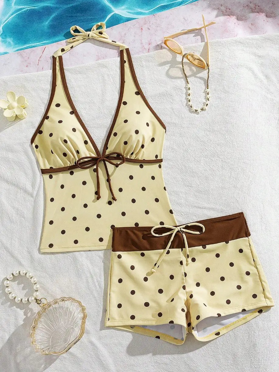 Kawaii Pink Dot Bikini Shorts Bowknot Halter Backless Swimsuit Deep V Swimwear Women's Bikinis and Tankinis Vacation Outfit Sets - Matrix-studios.com