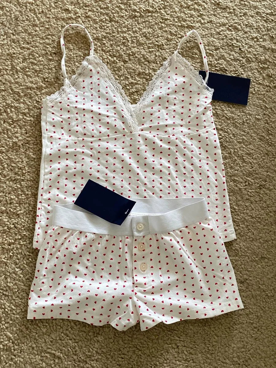 Strawberry Vest Shorts 2 Pieces Set Woman Eyelet Bow Slim Tank Top with Elastic Waist Patchwork Straight Short Pant Sweet Sets - Matrix-studios.com