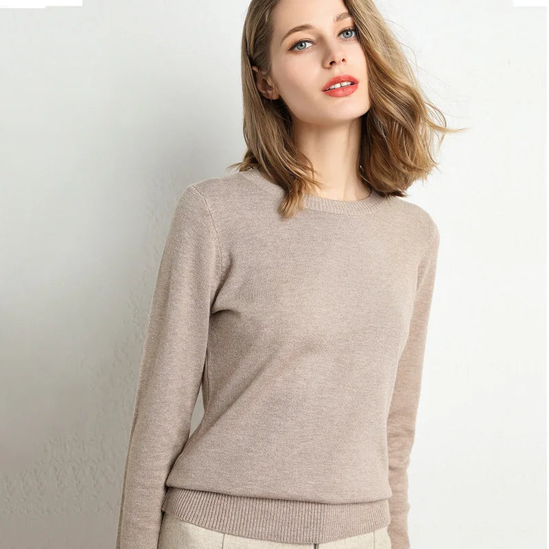 Women Slim O-Neck Pullover Cashmere Wool Blending Sweater Autumn And Winter Long-Sleeved Knit Bottoming Shirt Large Size 2024 - Matrix Studios
