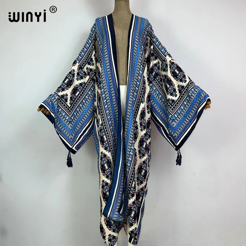 2026 WINYI New Cotton Feeling Bikini Cover-ups Bohemian Print Front Open Long Kimono Kaftan Beach Cover Ups for Swimwear Dresses - Matrix Studios