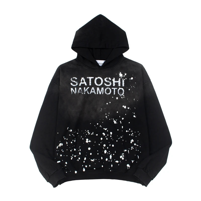 American High Street SATOSHI Hoodie Ink-sprayed Classic Retro Letter Print Washed Pullover Vintage Y2K Men Women Sweatshirts - Matrix-studios.com