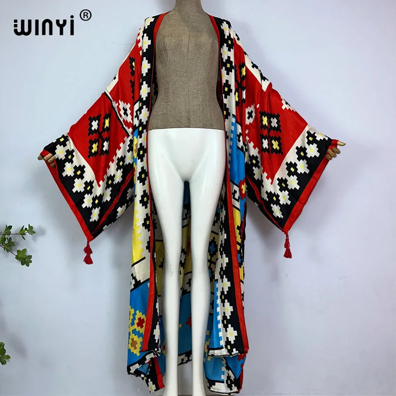 2023 WINYI New Cotton Feeling Bikini Cover-ups Bohemian Print Front Open Long Kimono Kaftan Beach Cover Ups for Swimwear Dresses - Matrix Studios