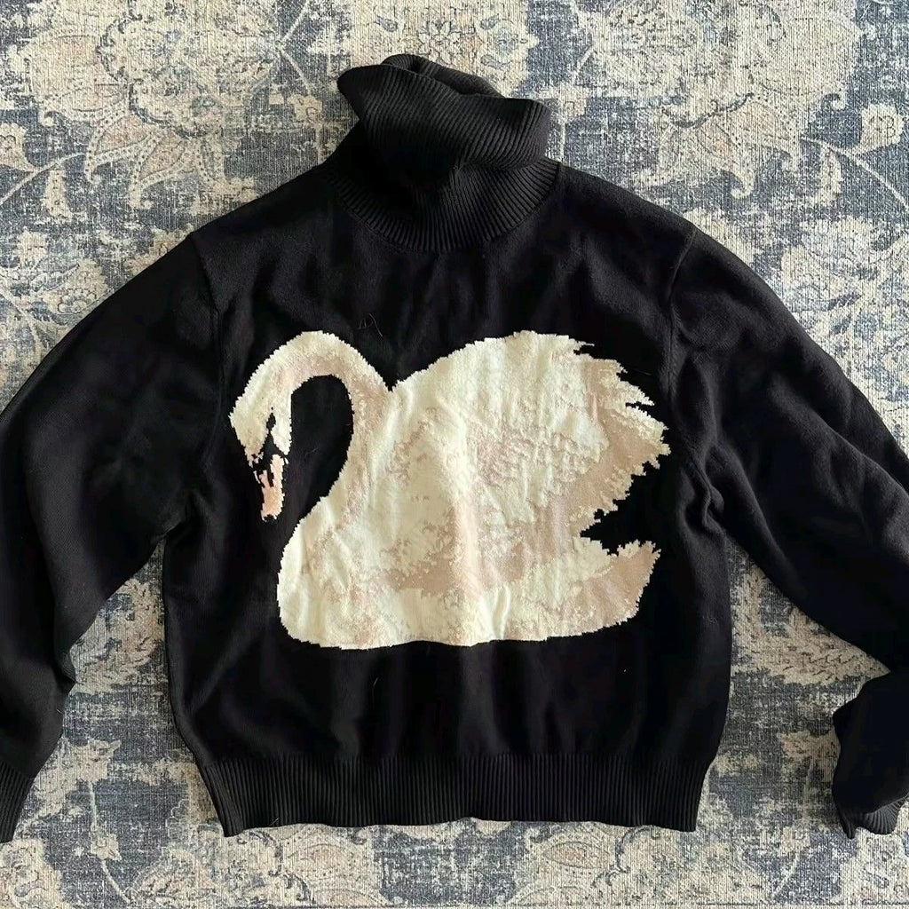 Black Swan Graphic Print Women Sweet Cute Turtleneck Knitted Sweater Y2K Style Winter Harajuku High Street Casual Warm Pullover - Matrix Studios