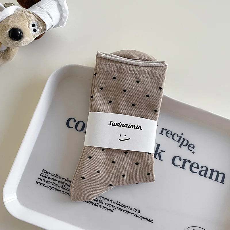 Women's spring summer thin vintage cream curled-edge women's socks polka dot mid-tube socks artistic socks women - Matrix Studios