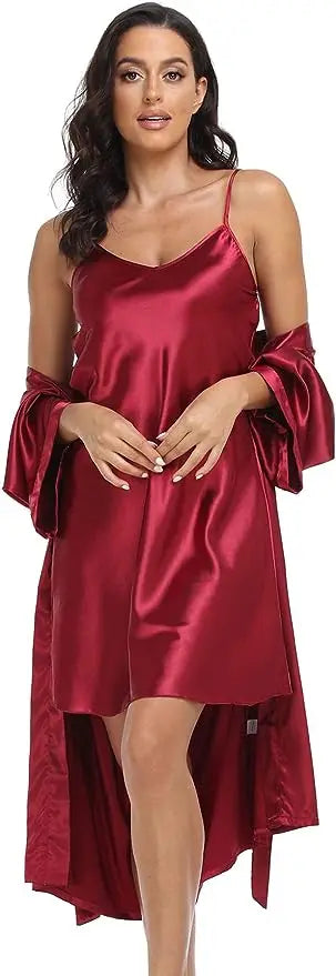 Women's Silk Satin Pajamas 2Pcs Sexy Silky Pj Robe Set with Chemise Nightgown - Matrix-studios.com