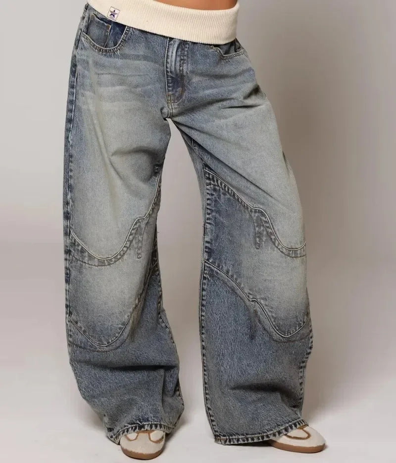 Y2K Hip-hop Stitching Fashion Joker Retro Jeans Female Korean Casual Simple Dress Essential Wide-leg Pants Loose  Joker Overalls - Matrix-studios.com