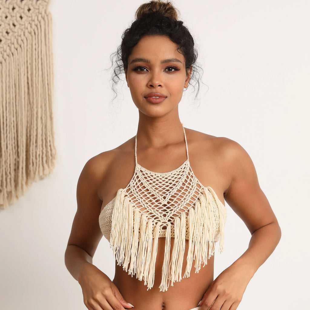Handmade Crochet Lace Knit Boho Beach Bikini Cami Tank Crop Top Halter - Matrix Studios