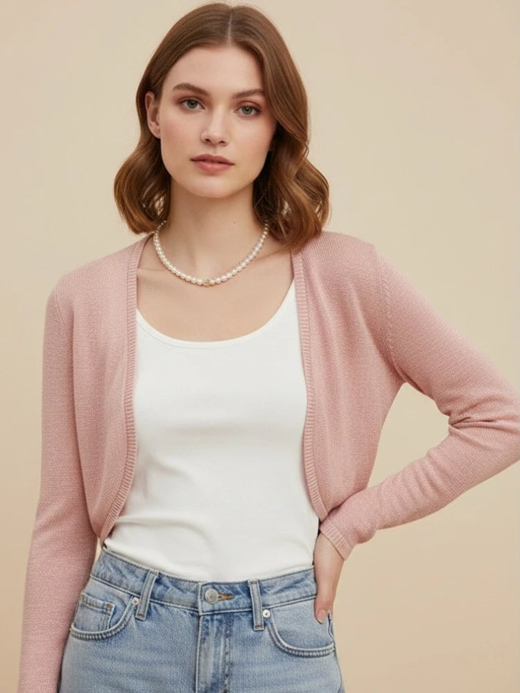 2026 Spring Summer Women Crop Tops Sun-Proof Cardigans Korean Sweater Fashion Thin Short Solid Knitted Long Sleeve Cardigan - Matrix Studios