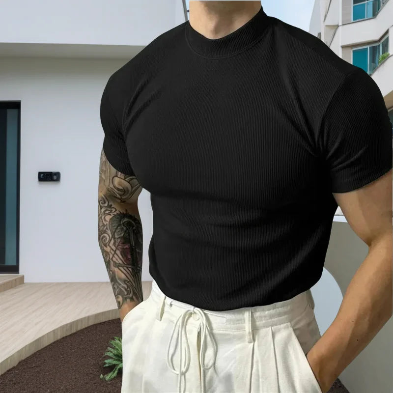 spring summer Elastic Comfortable Men's T-shirt Small high collar stripe shirt short sleeve fitness tops sports casual T-shirt - Matrix Studios