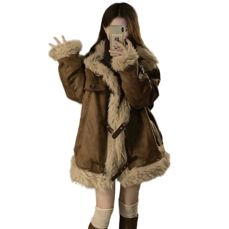 New Retro Fur Leather Lambskin Suede Jacket Women Winter Warm Thicken Loose Motorcycle Cotton Jacket Women Plus Velet Fur Coat - Matrix Studios