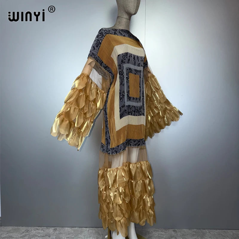 WINYI Pleated Elastic loose dress beach cover up kaftan abaya dubai luxury party dress fashion evening dress abaya muslim woman - Matrix-studios.com