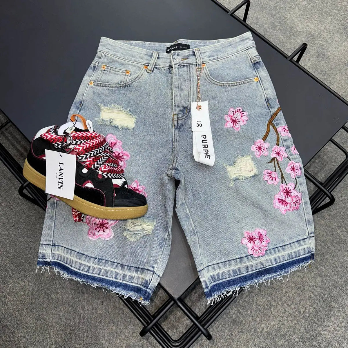 Y2k Cherry Blossom Embroidered Denim Shorts Mens Womens Gothic Harajuku Retro Loose Casual Denim Shorts Fashion Punk Streetwear