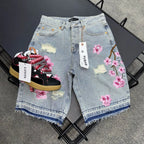 Y2k Cherry Blossom Embroidered Denim Shorts Mens Womens Gothic Harajuku Retro Loose Casual Denim Shorts Fashion Punk Streetwear