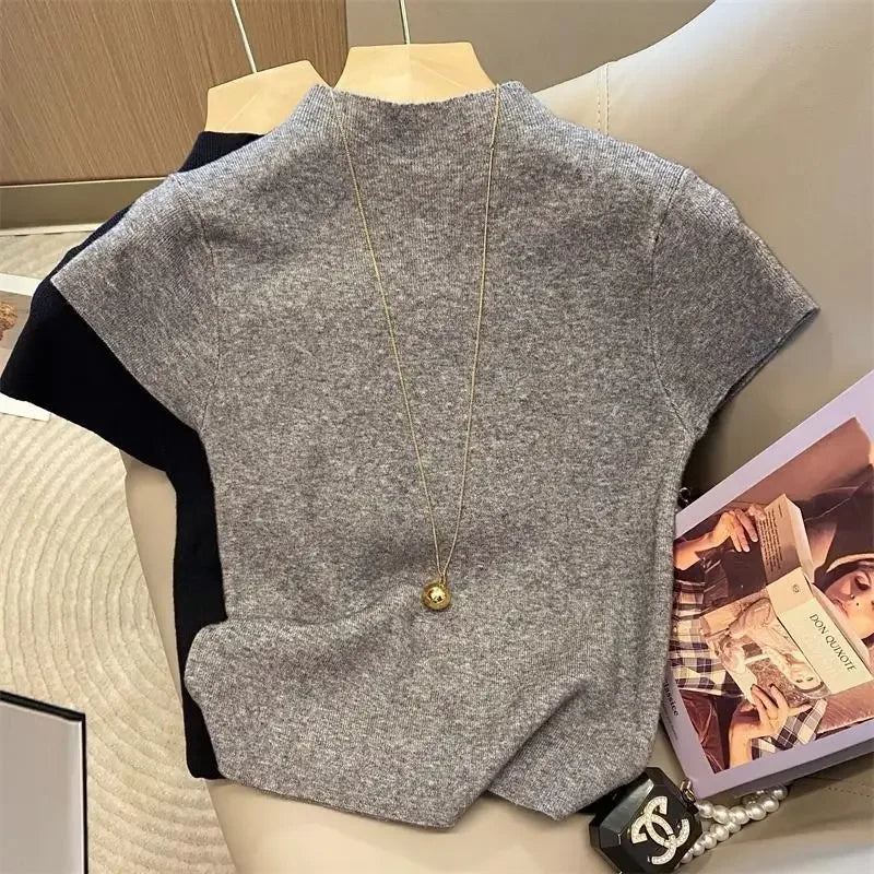 Basic Turtleneck Solid Thin Summer 2026 Pullover Women Female Knitted Sweater Slim Short Sleeve Bodycon Sweater - Matrix Studios