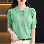 Women's T-shirt Summer 100% Cotton Sweater Short Sleeve Casual Knitwear POLO Collar Ladies' Tops Loose Pullover Tees Buttons - Matrix-studios.com