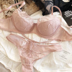 Sexy Women Lace Flowers Embroidery Underwear French Thin Cup Push Up Bra Set Hollow Temptation Waist Bandage Thongs Lingerie Set - Matrix-studios.com